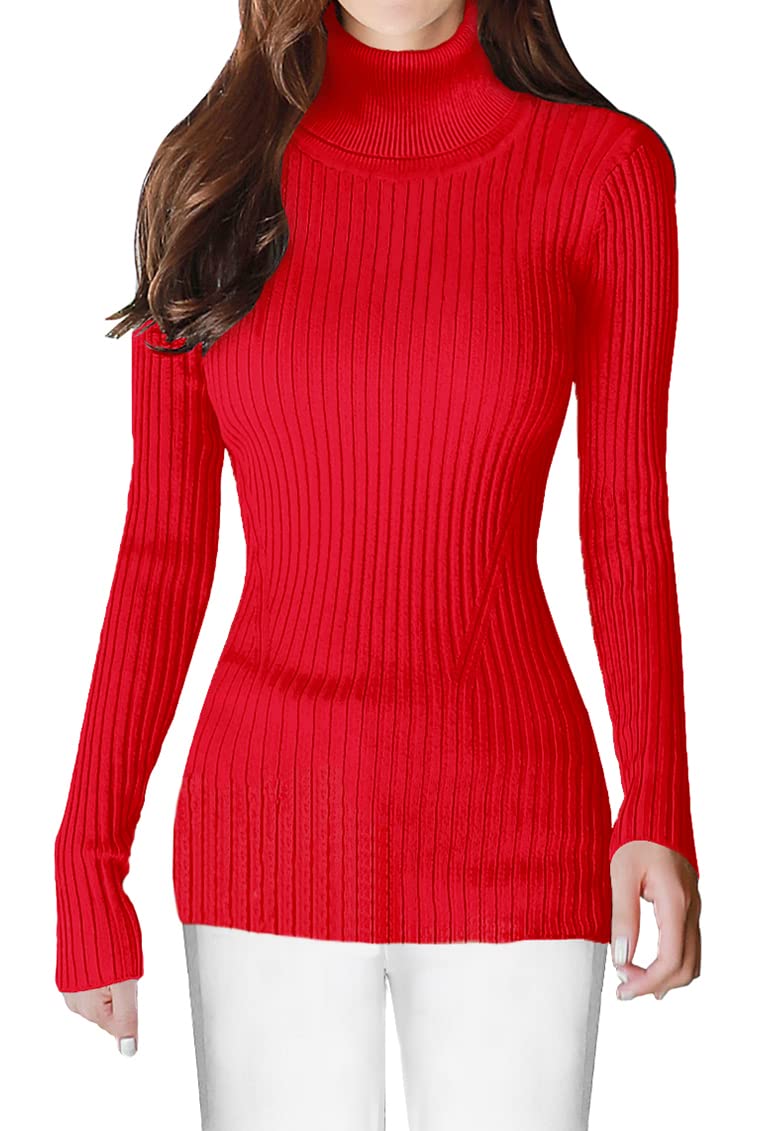 v28 Women Stretchable Turtleneck Knit Long Sleeve Slim Fit Sweater (M,Red) - Image 2